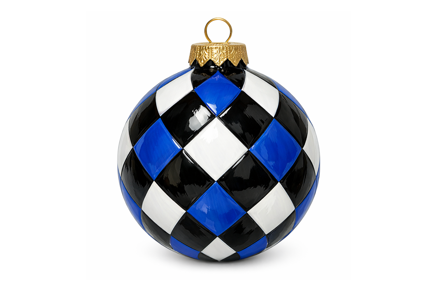 Blue, Black & White Checkered Glass Ornaments - Set of Six