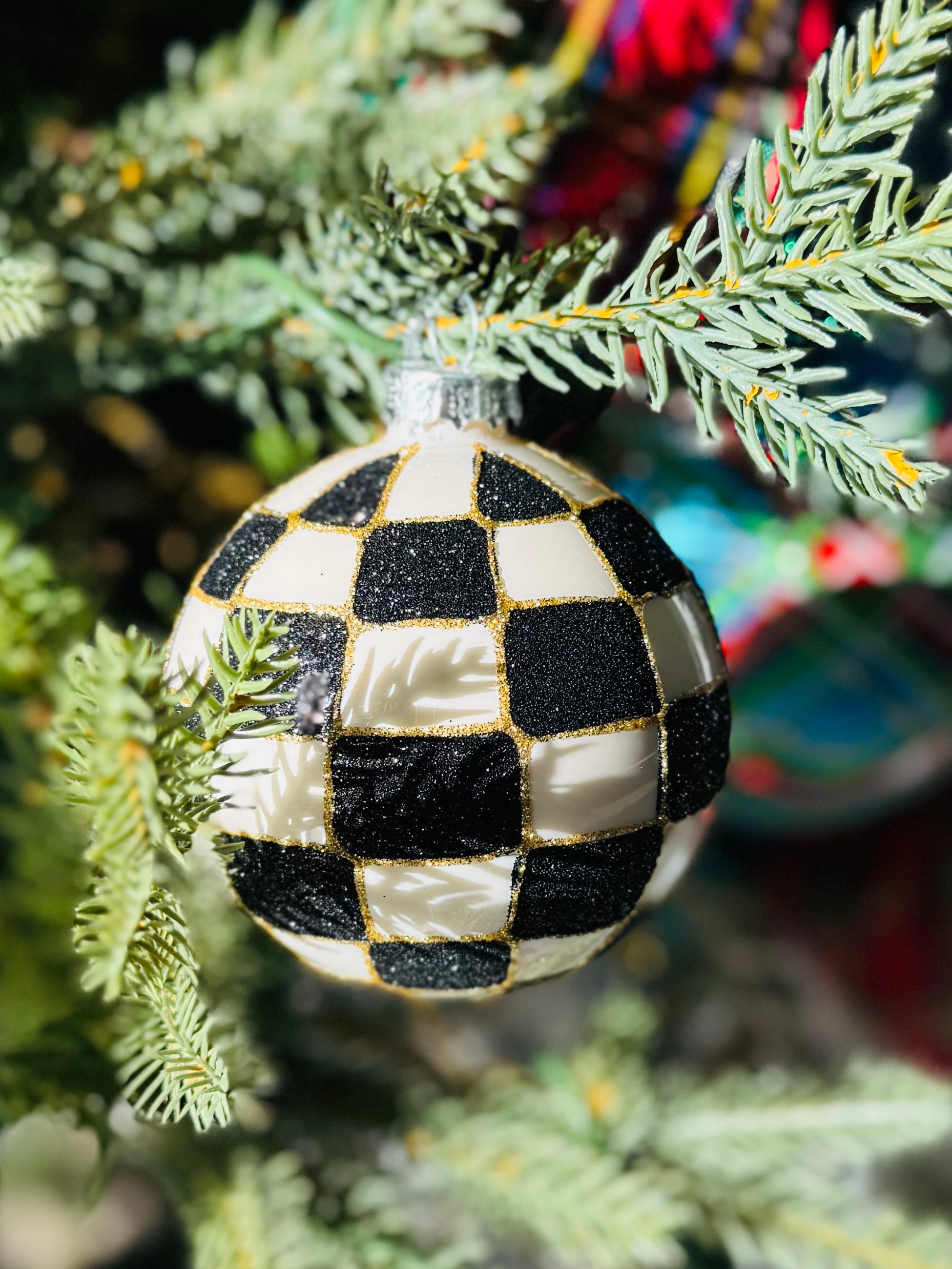Black & White Checkered Glass Ornaments - Set of Six